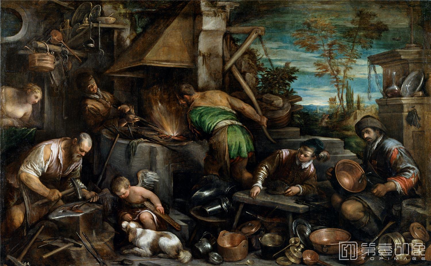 油画-西班牙普拉多美术馆油画藏画-Bassano, Jacopo-La fragua de Vulcano-250cm x 407cm-0314